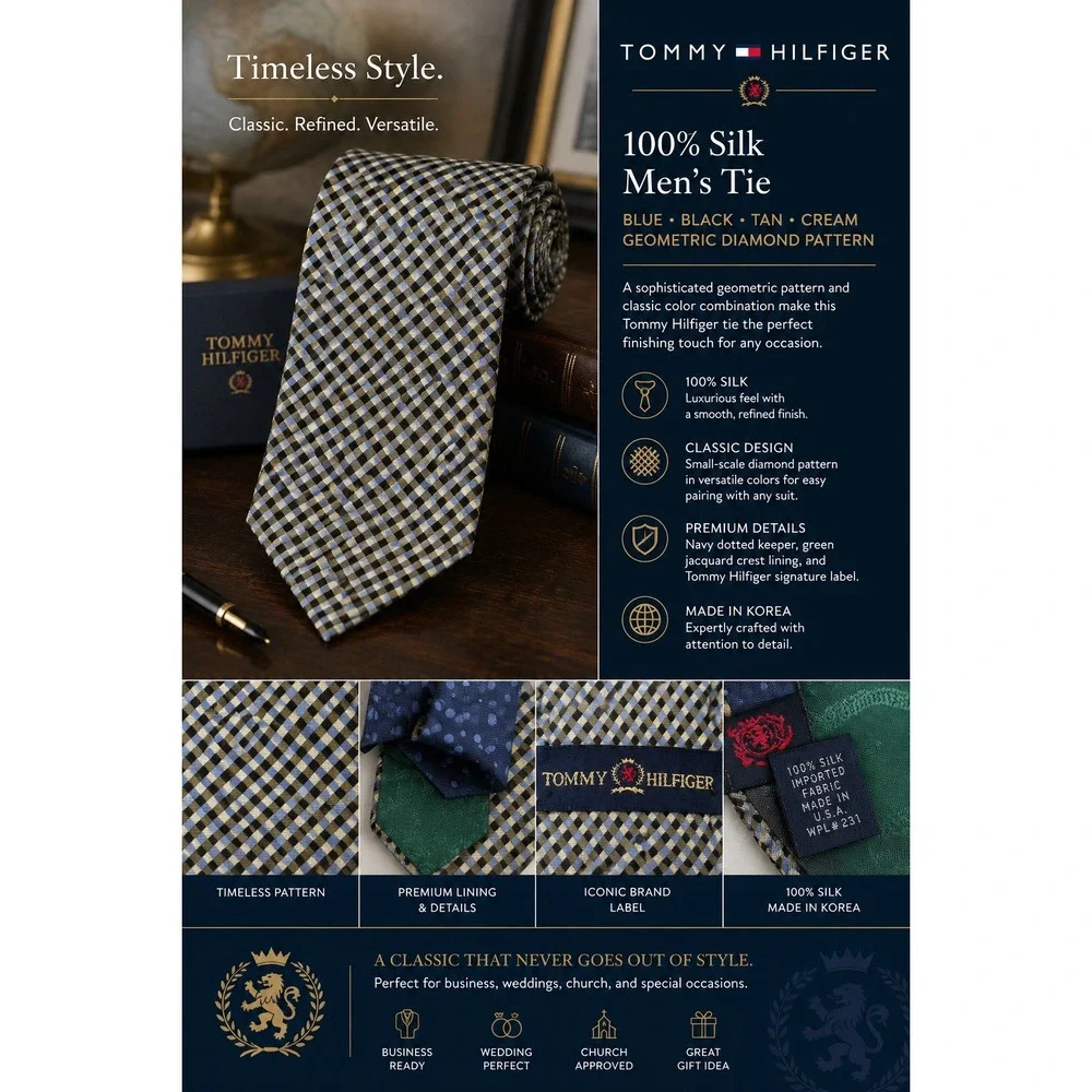Tommy Hilfiger Mens Silk Tie Blue Gold Black Checkered Made in USA WPL 2831